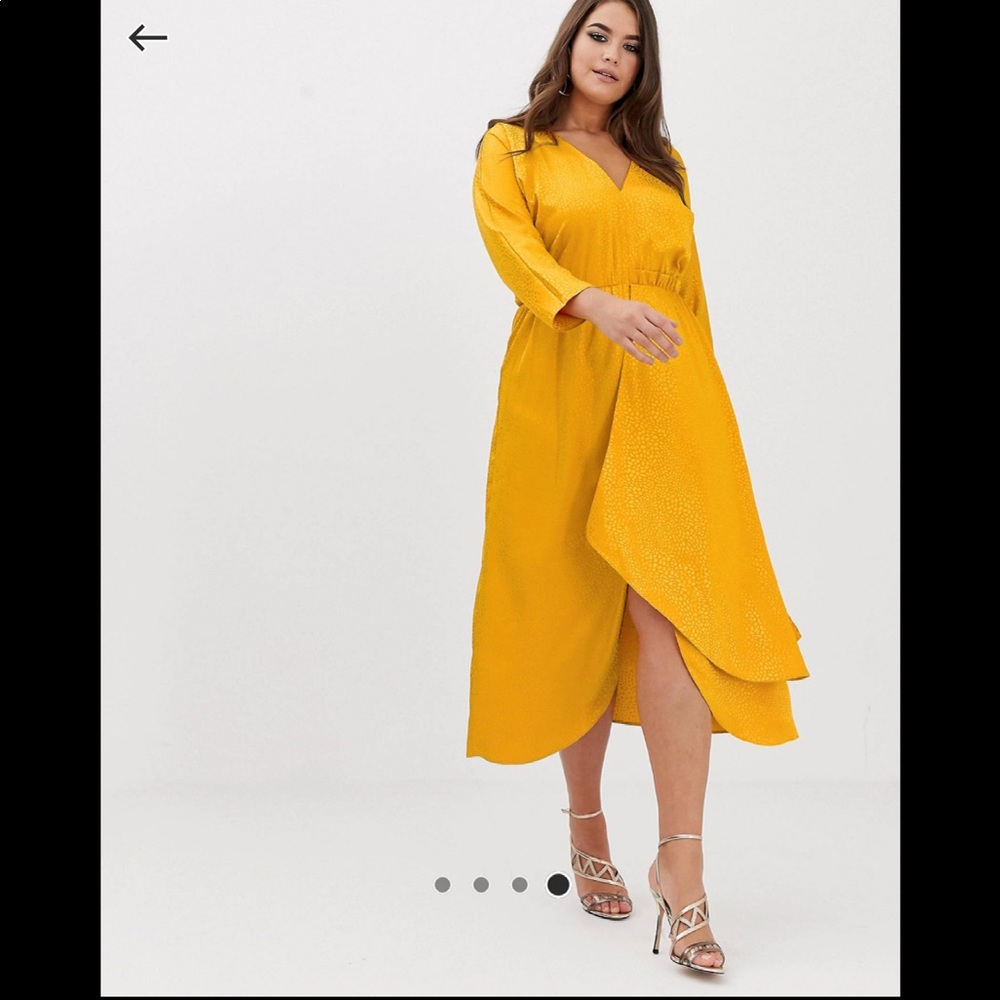 Golden Yellow Jacquard Midi Dress w/ Ruched Panel